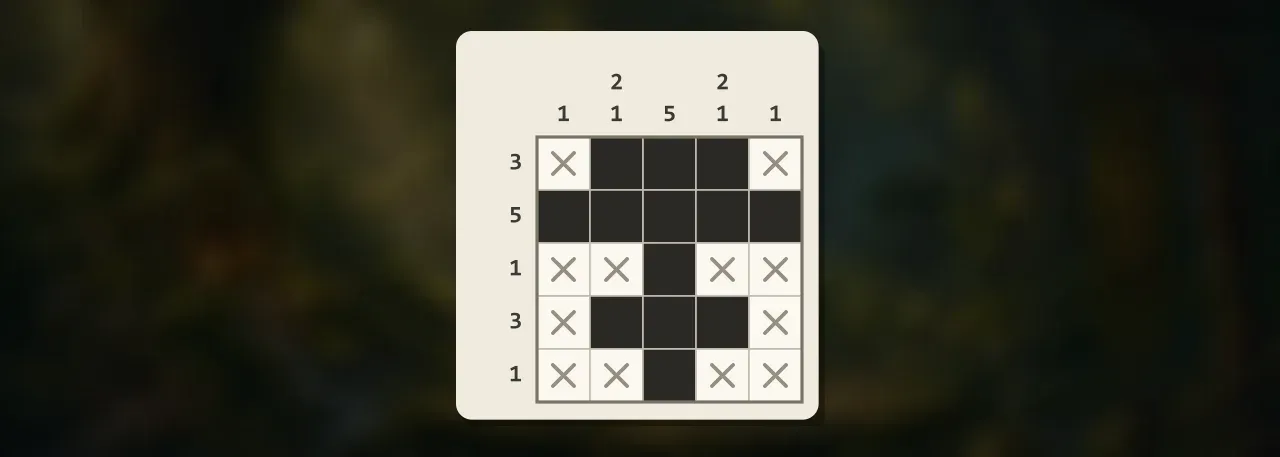 Fleur, un Nonogramme 5×5 résolu de la Forêt de printemps, avec ses indices de lignes et de colonnes